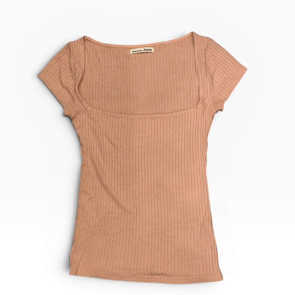 Reformation Ribbed Square Neck Short Sleeve Tee in Dusty Rose